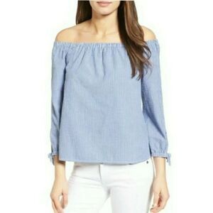 VINEYARD VINES Off Shoulder Seasucker Blue White Stripes Top Blouse Women 00 XXS